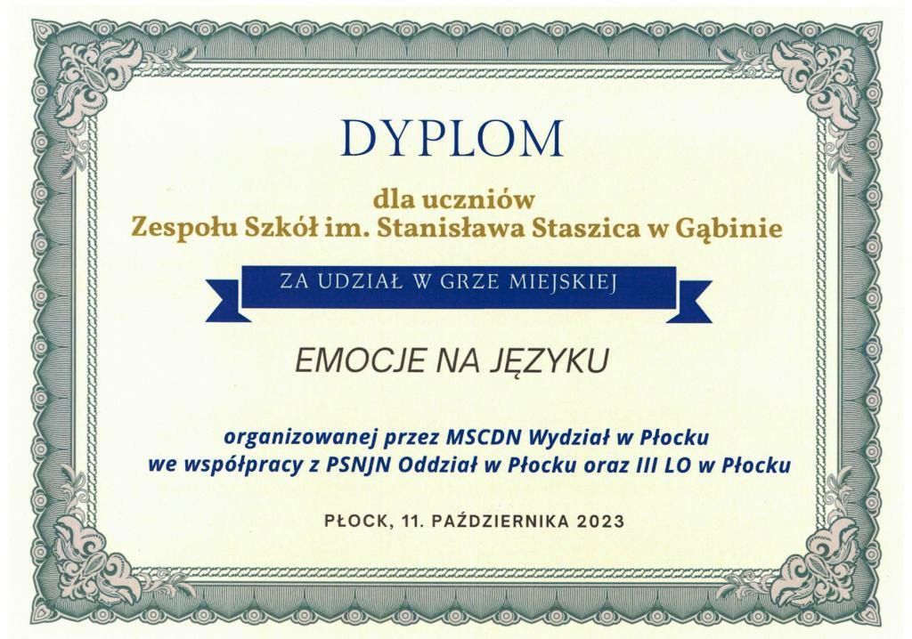Dyplom dla uczniów Zespołu Szkół im. St. Staszica w Gąbinie